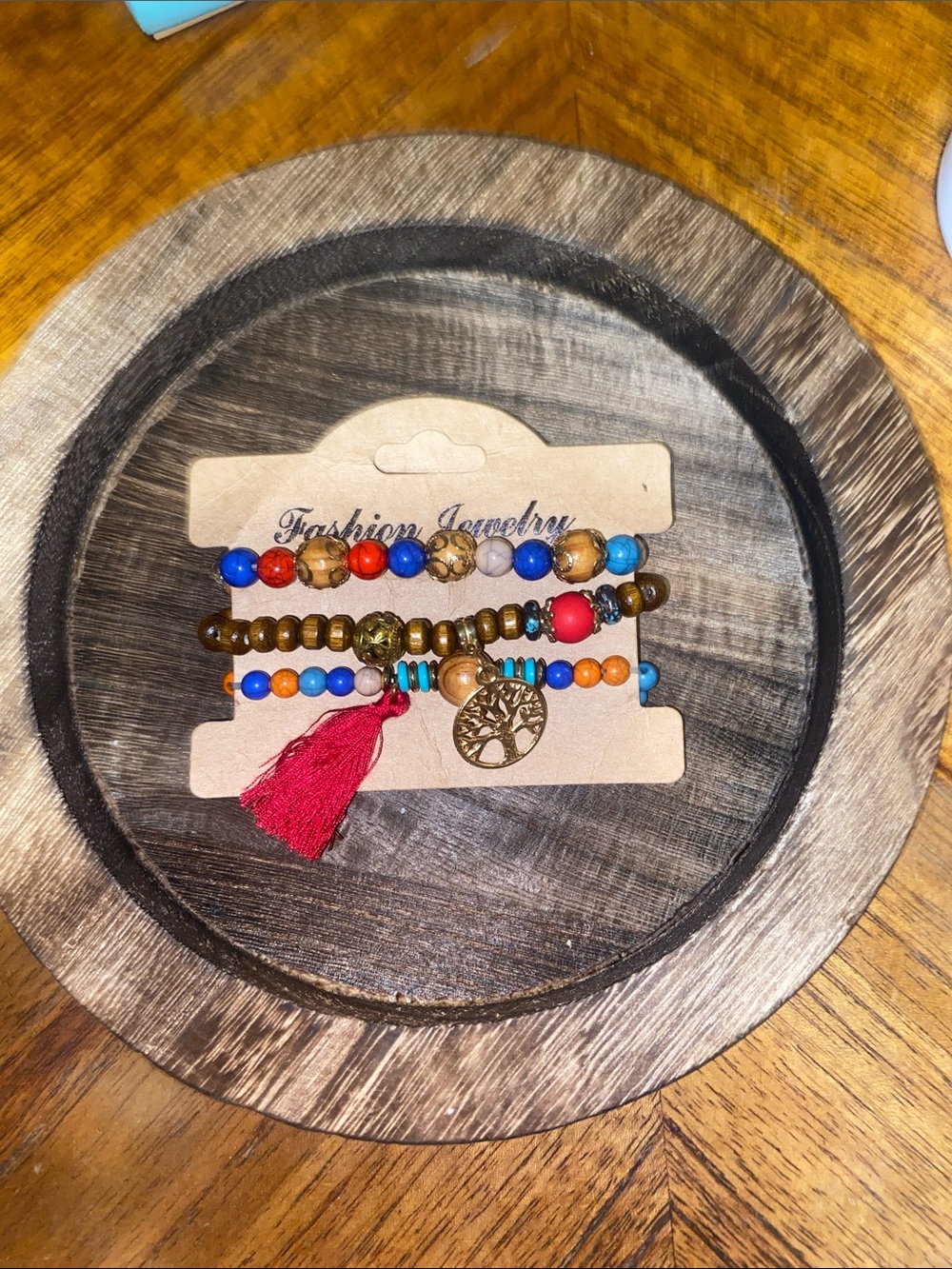 Boho Multicolor Beaded Bracelet Set with Red Tassel